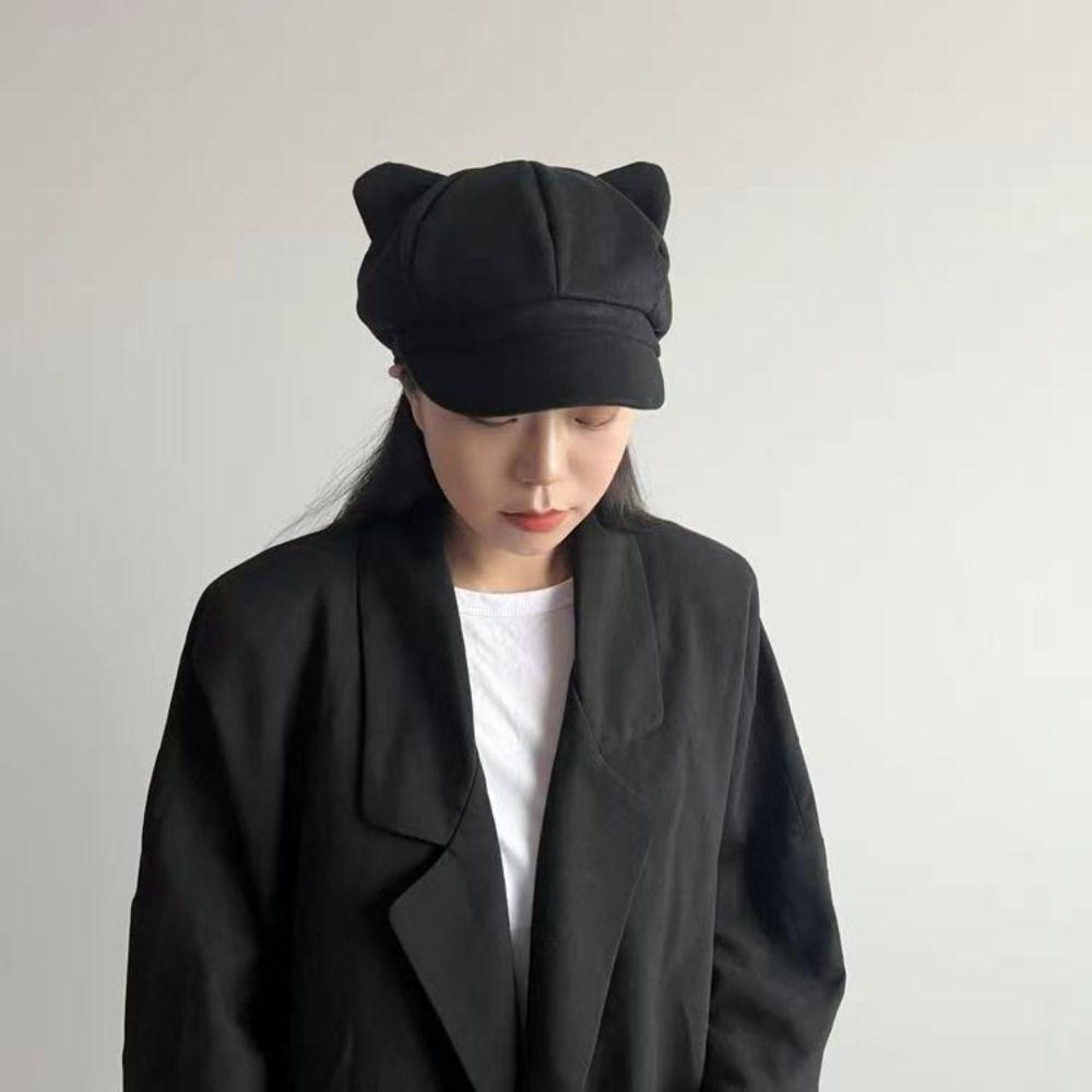 Adjustment Cat Ear Hat Solid Color Women Hat Fashion Unisex Octagonal Cap  Painter