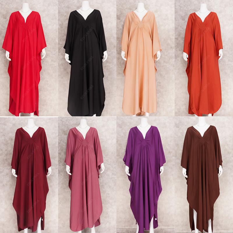 2024 однотонное свободное платье макси с v-образным вырезом и рукавами «летучая мышь» больших размеров для женщин, летняя пляжная одежда, кафтан, длинный купальный костюм, накидка Q1306