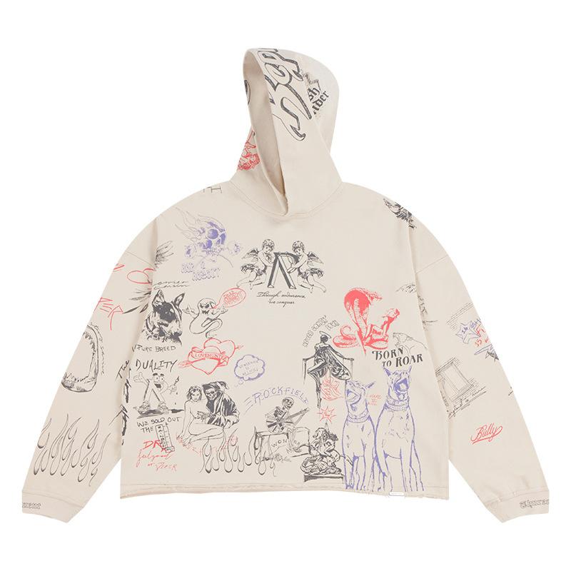 EastRogue Angelic Viper Hunter Car Print American High Street Washed and Distressed Hooded Sweatshirt for Men and Women