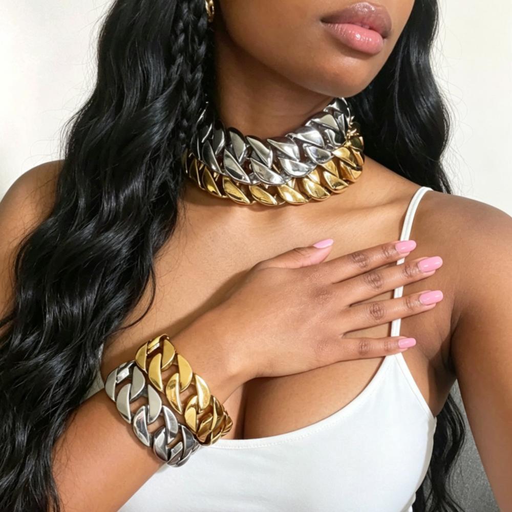 Stainless Steel Gold Plated Big Chunky Cuban Chain Choker Necklace Bracelet Fashion Jewelry Sets for Women