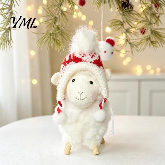 Desktop Festive Ornaments Plush White Sheep Christmas Ornament, Cute Knit Hat Lamb Tabletop Decoration, Soft Knitted Accessories Fabric Hanging
