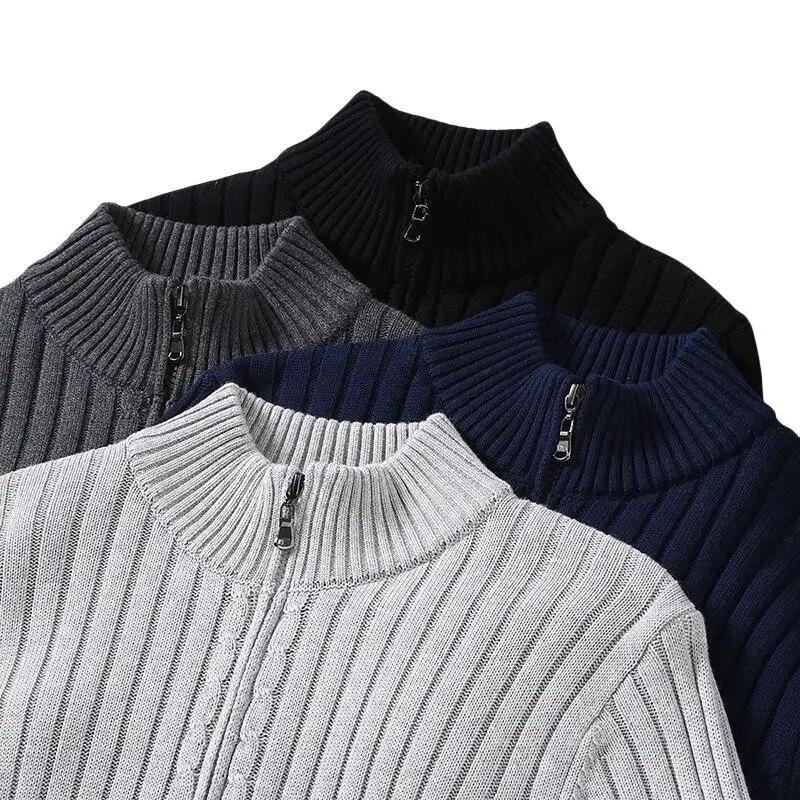 Men's Solid Color Sweater Half Turtleneck Zipper Cardigan Knit Jacket