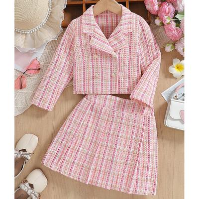 Милый клетчатый комплект для девочек Осенняя детская мода Розовая клетчатая твидовая юбка Костюм-двойка