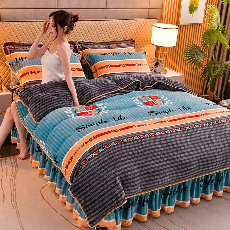 Утепленный зимний комплект из четырех предметов для дома из молочного золотого норкового бархата, комплект из четырех предметов, бархат Farai, коралловый бархат, юбка для кровати, пододеяльник, постельное белье