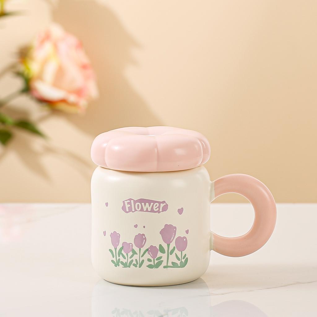 Бытовая свежая керамическая кружка с крышкой в виде тюльпана, маленькая кружка в виде цветка, милая девушка, высокая кружка для воды, подарок