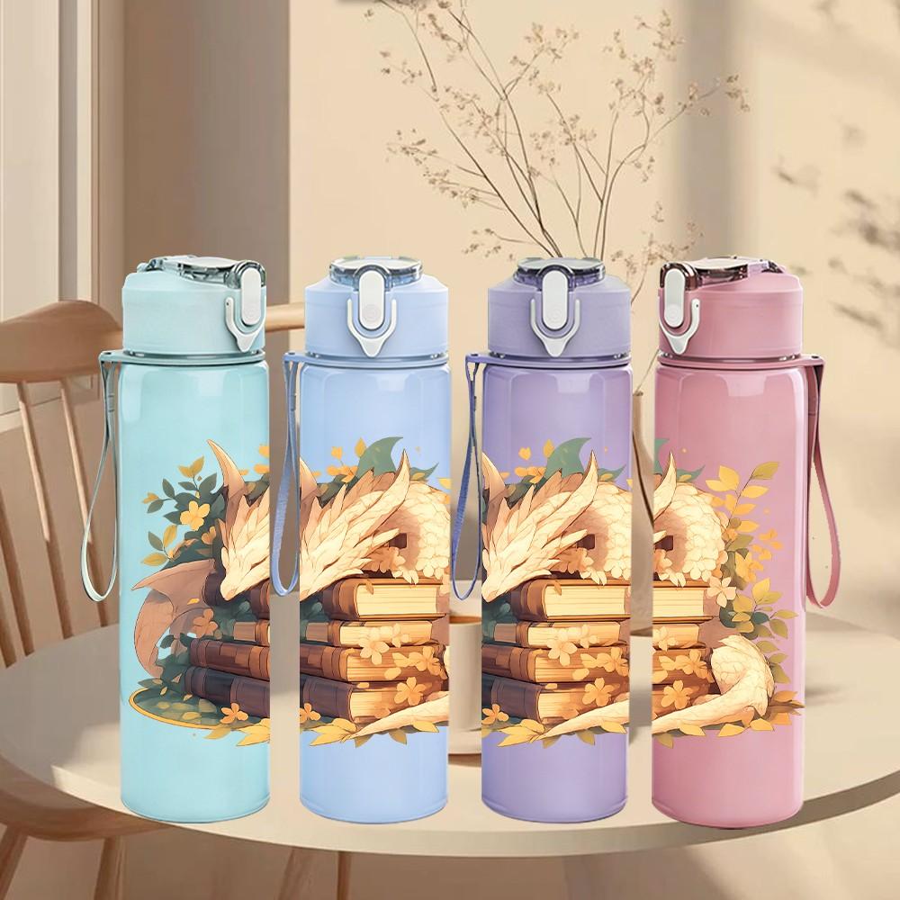 1PC Stacked Book Dragon 750ml Color Plastic Sports Water Bottle Leakproof Flip Straw Lid Suitable for Sports Office Home Use