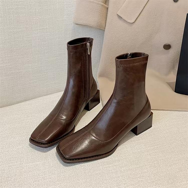 Brown Square-headed Small Short Boots for Women In the Spring and Autumn of 2025, New French Thick-heeled Medium-heeled Single Boots, Elastic
