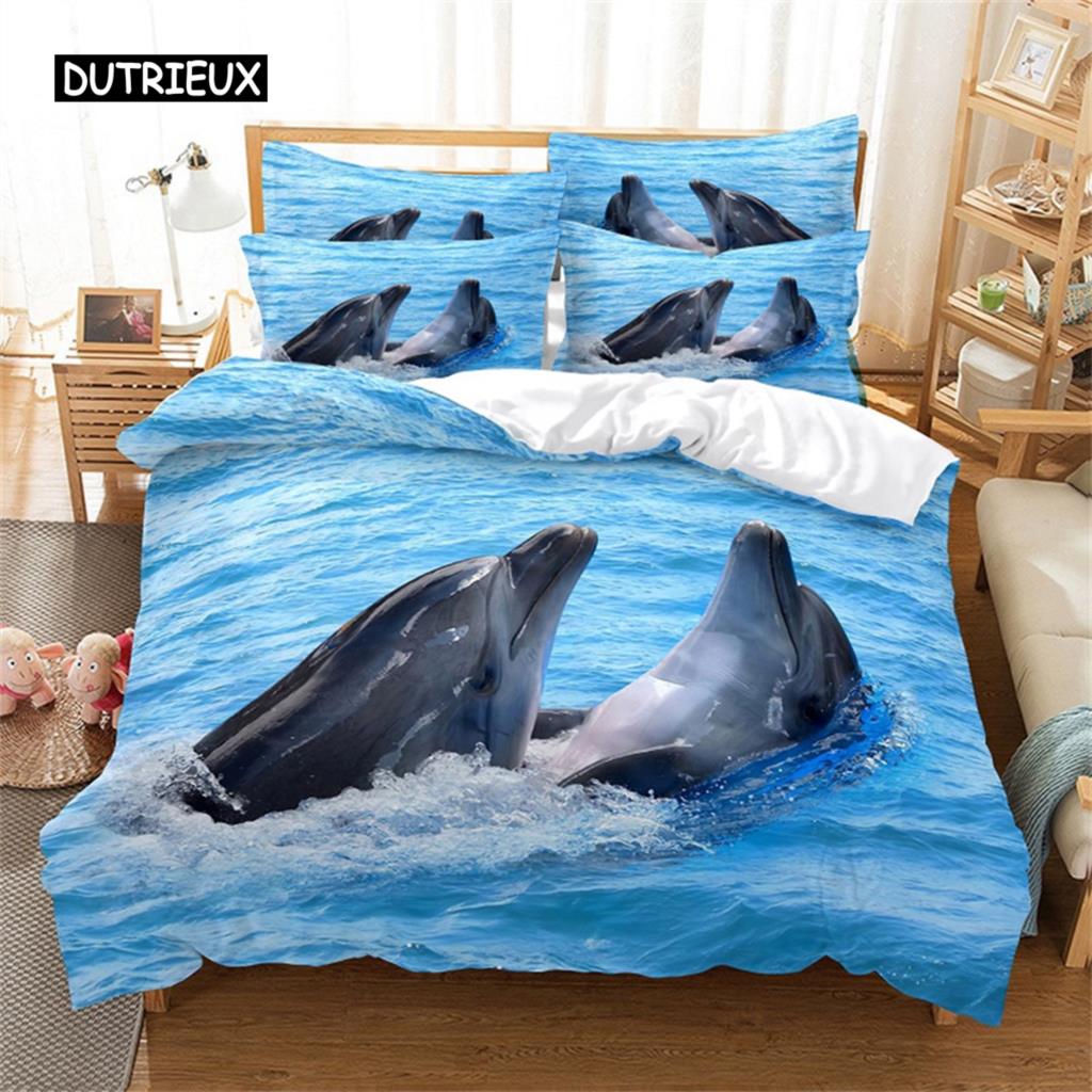 Прекрасный пододеяльник с дельфинами, синий океан, морской комплект постельного белья с изображением животных размера «queen-king», покрывало для женщин и девочек, украшение для спальни