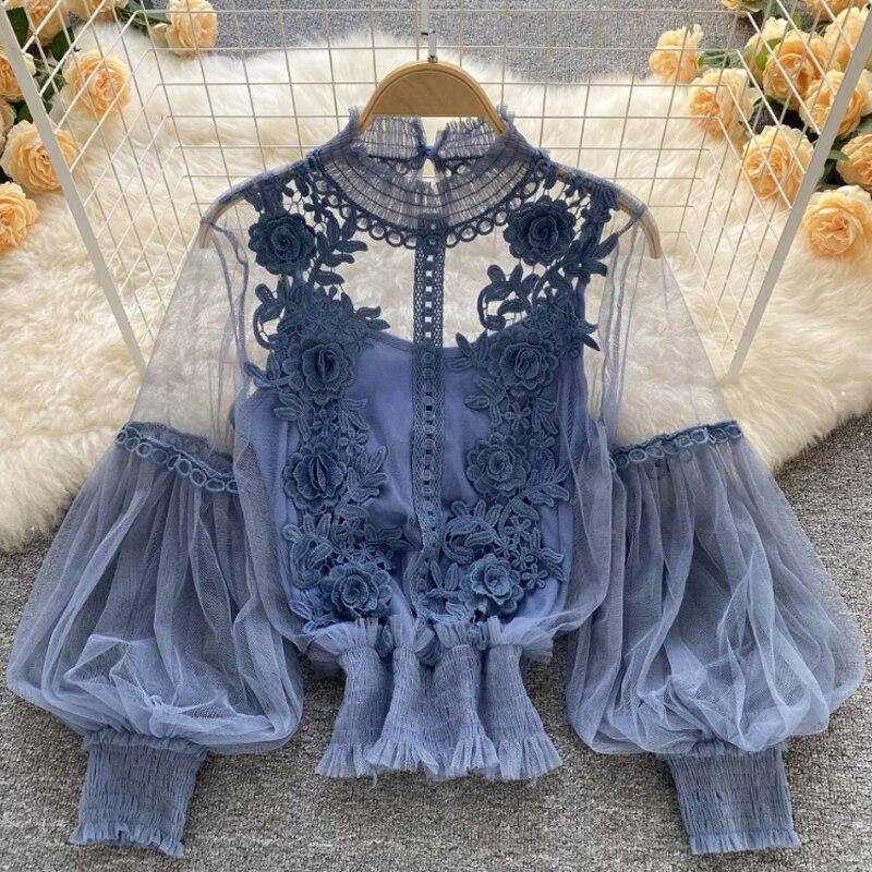 Elegant Floral Mesh Long Sleeve Short Blouse Sweet Women Lantern Sleeve Lace Shirts Ladies See Through Mesh Blouse Tops 25914