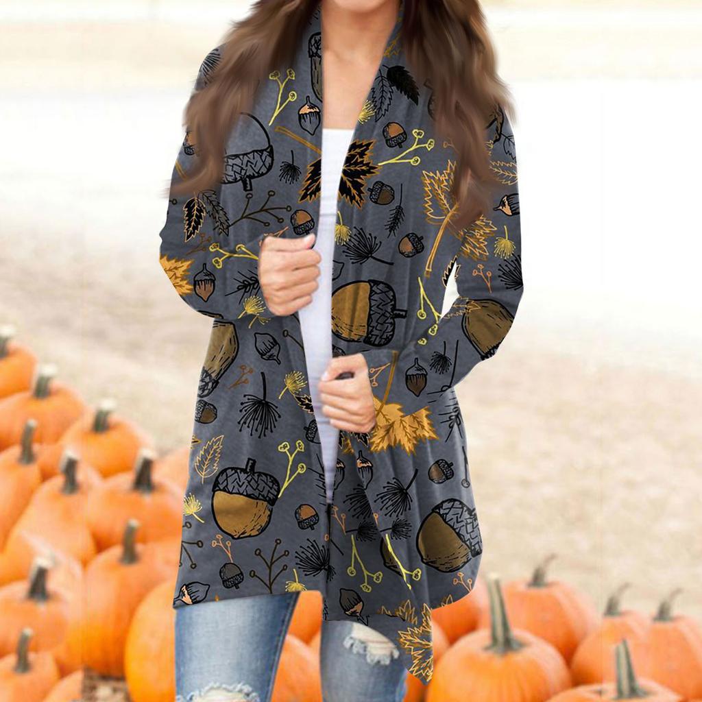 Women's Fashion Casual Halloween Printed Long Sleeve Mid-Length Cardigan Jacket