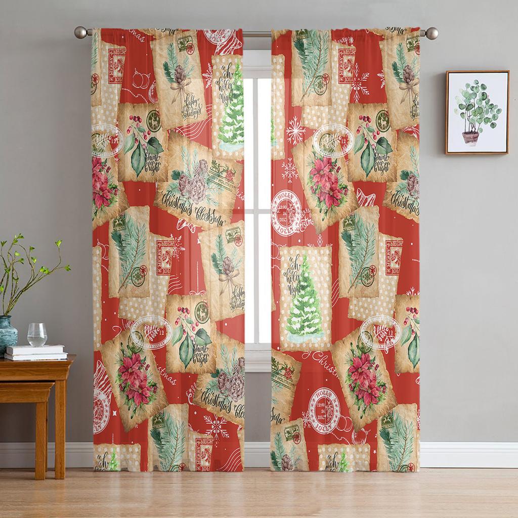 Christmas Retro Envelope Stamp Living Room Transparent Tulle Window Curtain Bedroom Kitchen Decor Veil Drapes Curtains