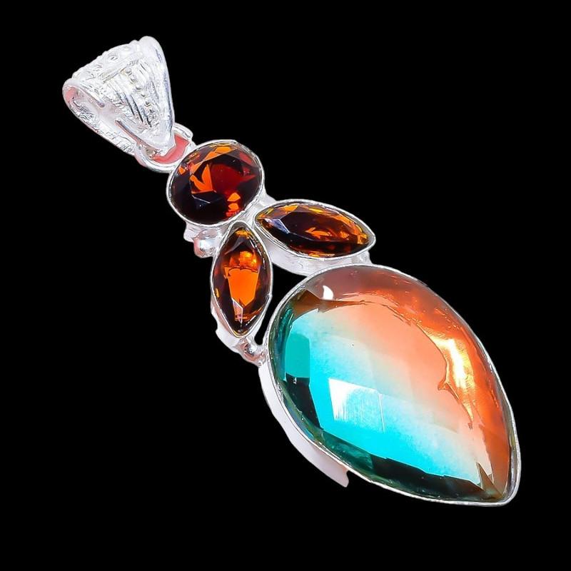 Bi-Color Tourmaline, Smokey Gemstone 925 Sterling Silver Jewelry Pendant 2.5" AH-3289