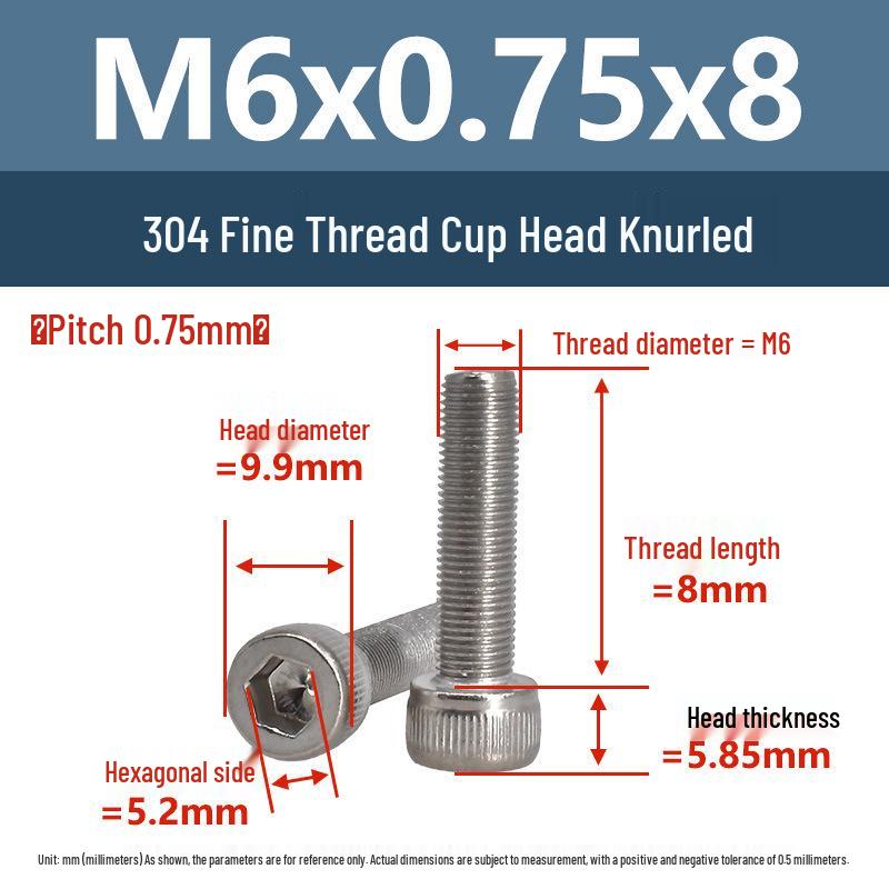 Yigu Fine Thread Knurled Socket Head Screws, 304 Stainless Steel, M3-M12