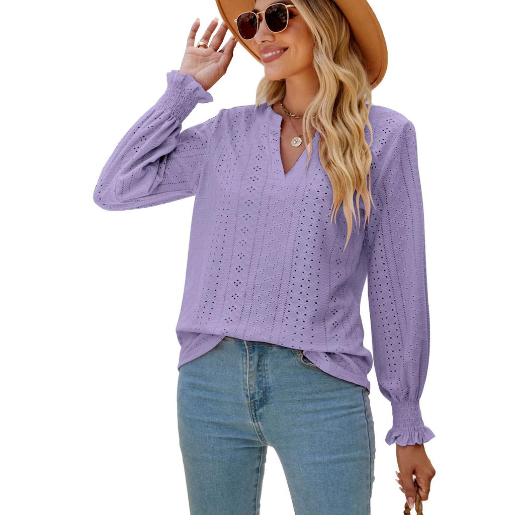 New Ladies Solid Color V-neck Casual Temperament Ladies Top Fashion Ladies Long Sleeves