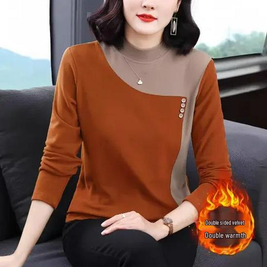 Round Neck Long Sleeve German Velvet Color Block T-shirt for Autumn and Winter