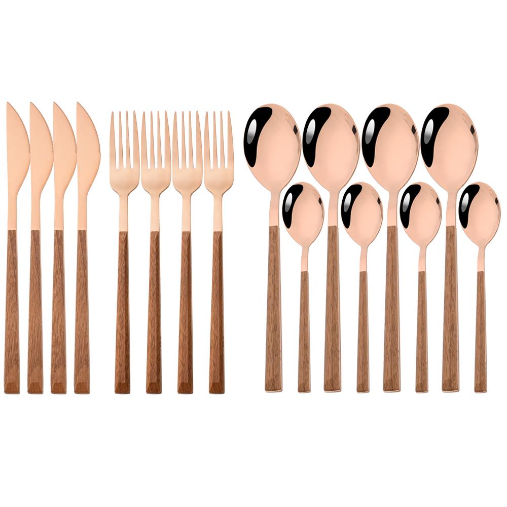 16/24/30Pcs Gold Imitation Wooden Handle Dinnerware Cutlery Set Stainless Steel Tableware Knife Fork Spoons Silverware Western Flatware
