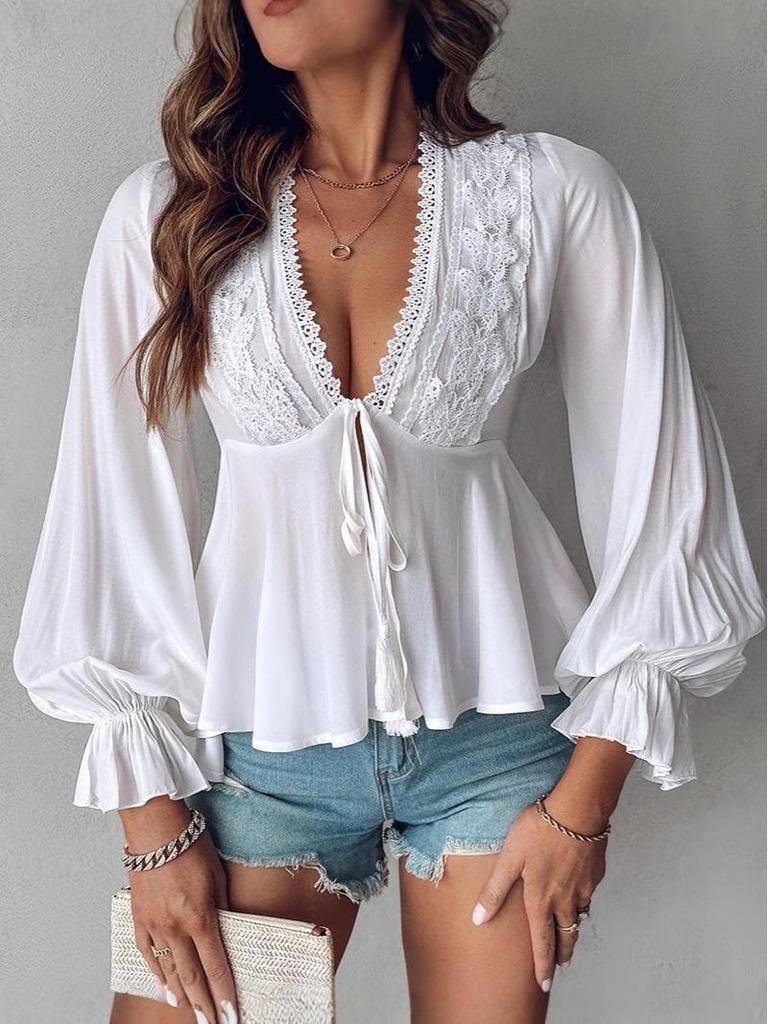 Топ с длинным рукавом и V-образным вырезом, кружевом и бантом для осеннего сезона 2024 года для европейского и американского рынков