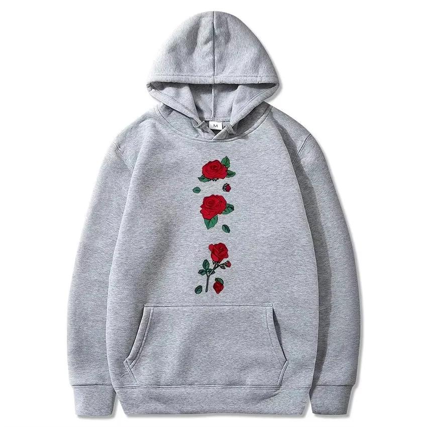 Trend Leisure5 Rose Flower Print Men's Pullover Autumn and Winter Fashion Loose Streetwear Outdoor Sports