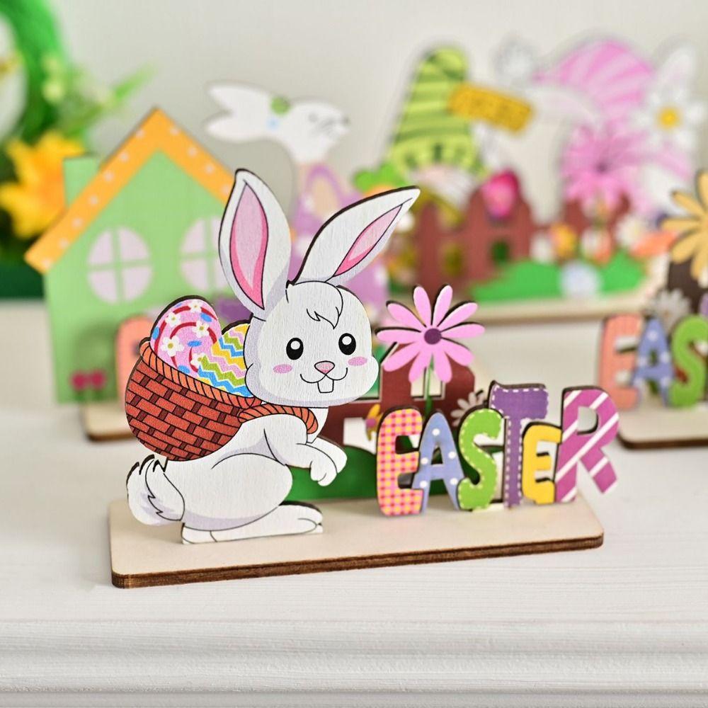 Мультяшные пасхальные кролики, милые красочные пасхальные украшения, пасхальные деревянные украшения для рабочего стола