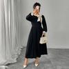 A Large-sized Color-blocking Three-dimensional Bow Dress for Women A Retro Slimming and Belt-covering Long Dress for Autumn and Winter