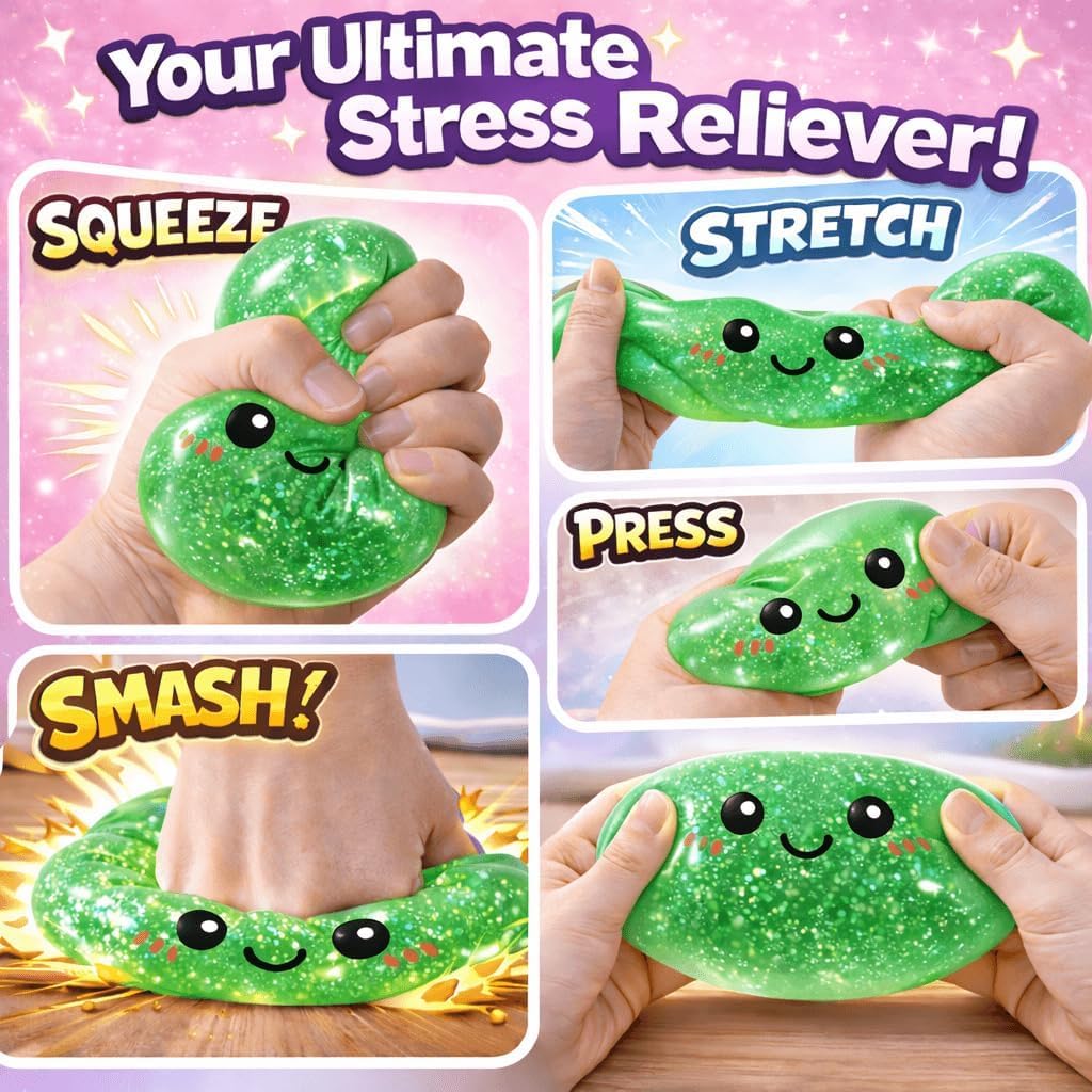 Green Glitter Gel-Filled Squishy Dumpling Stress Relief Toy Fast Rebound Anti-Stress Squeeze for Adults and Kids