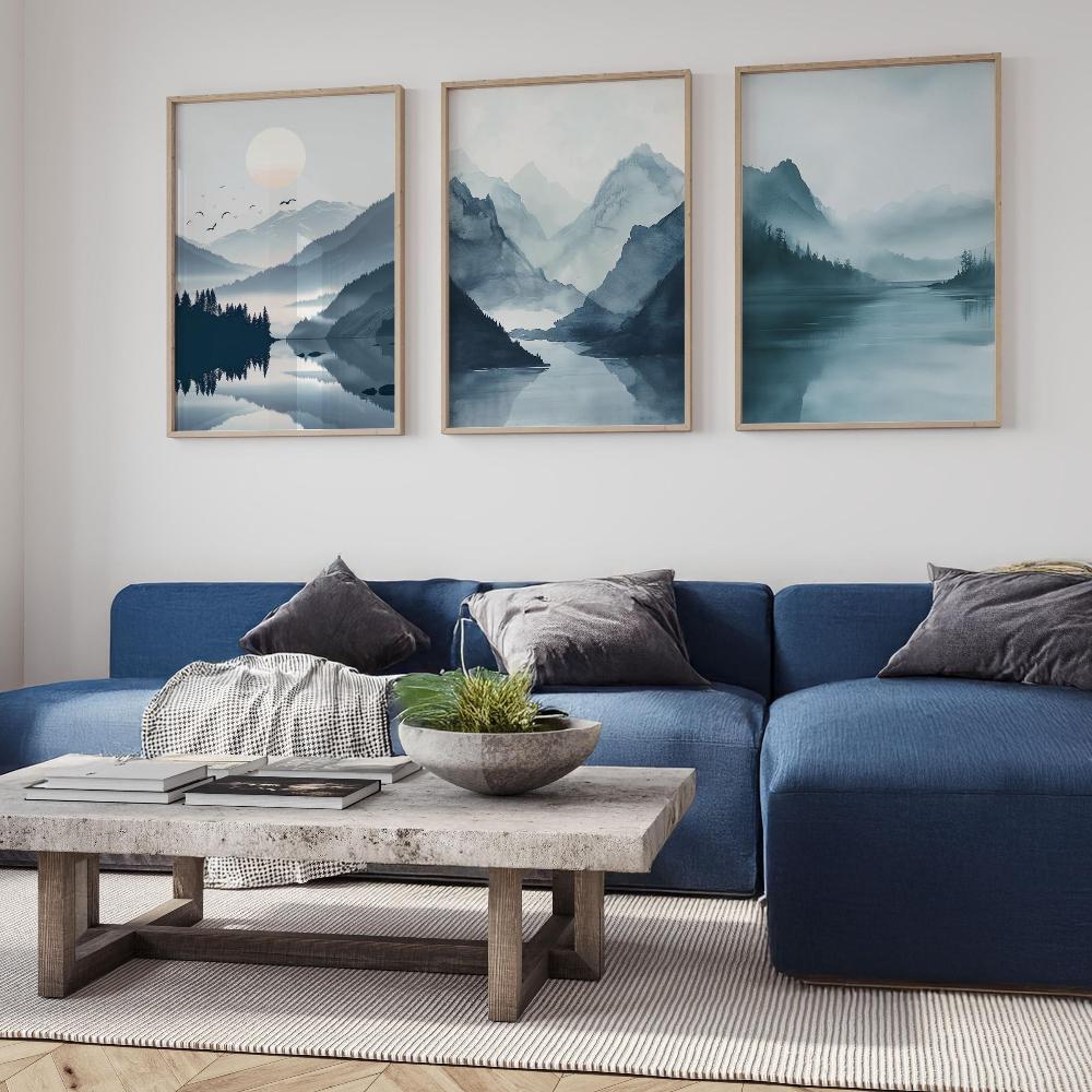 Blue Mountains Wall Art Set of 3 Misty Landscape Prints Minimalist Nature Posters Canvas Poster Prints Home Bedroom Room Decor