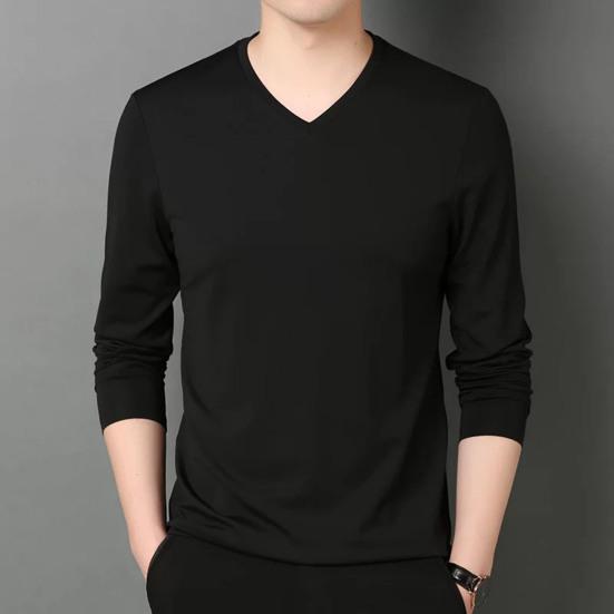 Men Fall Spring Top V Neck Long Sleeves Pure Color Slim Fit