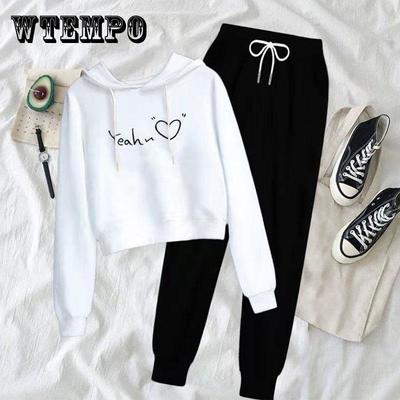 Костюм, повседневный костюм, женский свитер с капюшоном, весенне-осенний однотонный студенческий модный свободный комплект из двух предметов с высокой талией и длинными рукавами