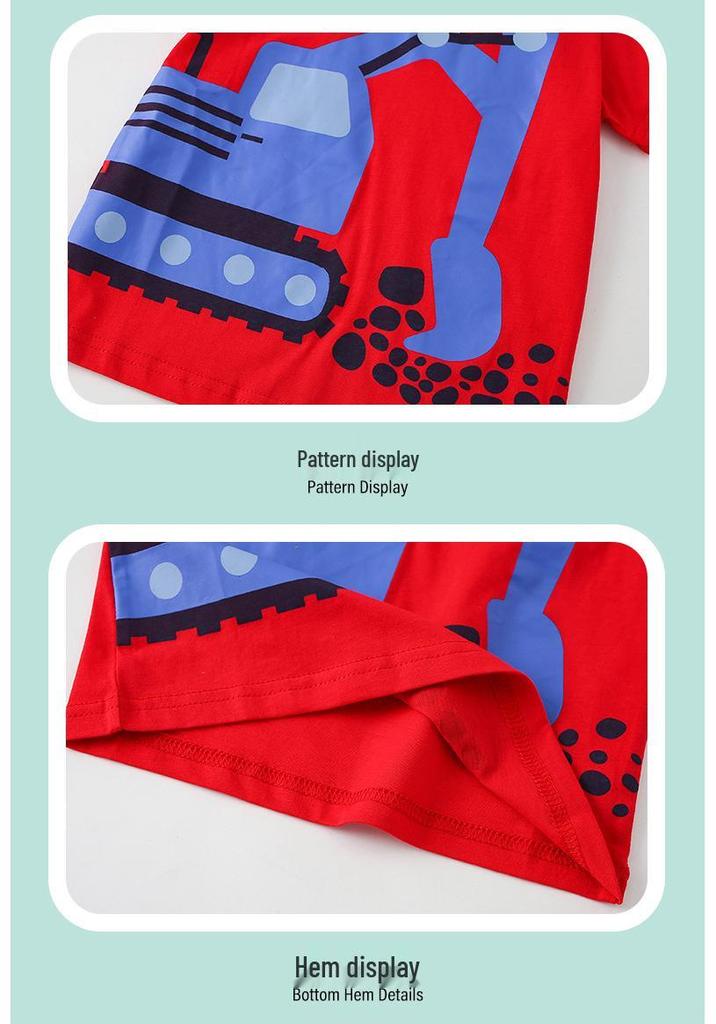 Spring/Summer Cartoon Excavator Short-Sleeve Children's T-shirt, Round Neck, Sizes Small/Medium