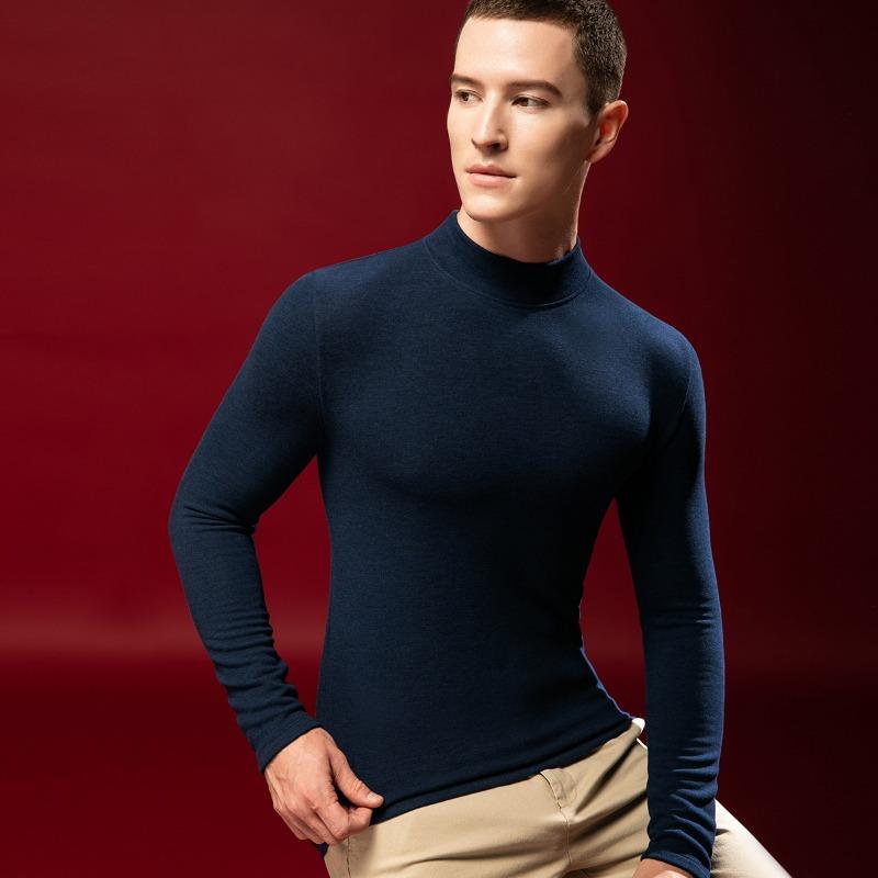 Fleece Heating Semi-turtleneck Bottoming Shirt Men's Long-sleeved T-shirt Top Thermal Underwear Silk Wool Autumn Clothes
