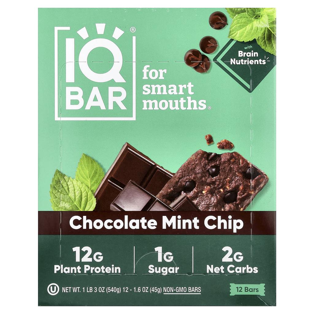 IQBAR Plant Protein Bar, Chocolate Mint Chip, 12 Bars, 45g (1.6oz) Each
