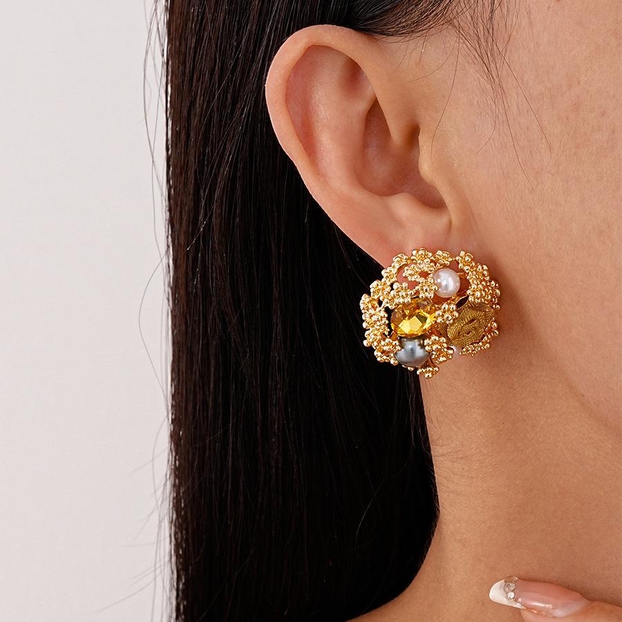 Винтажные металлические серьги-пусеты из стерлингового серебра с цветком из страз и искусственного жемчуга - стиль французского двора для женщин