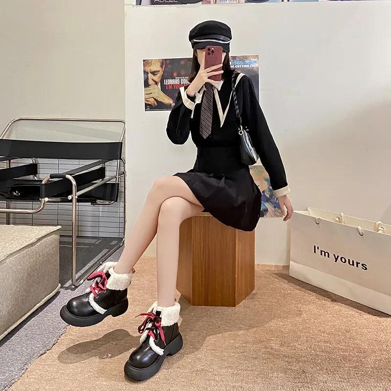 Женская обувь Ботильоны в стиле панк, элегантные женские зимние сапоги на среднем каблуке, боевые туфли Мэри Джейн в стиле Лолита, с ягненком на слипе, плюшевые, из искусственной кожи