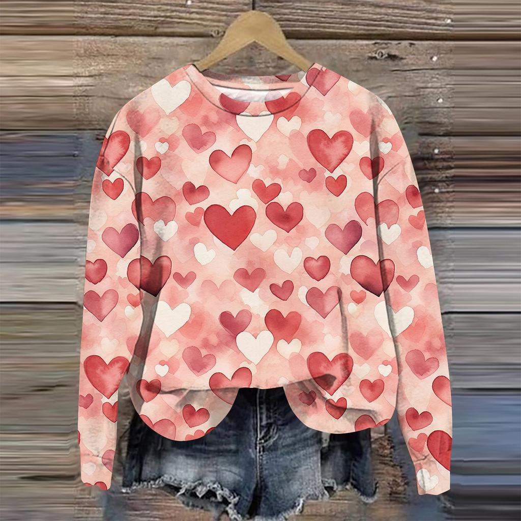Женская мода День святого Валентина Печатный длинный рукав свободный круглый вырез толстовка Топ осень