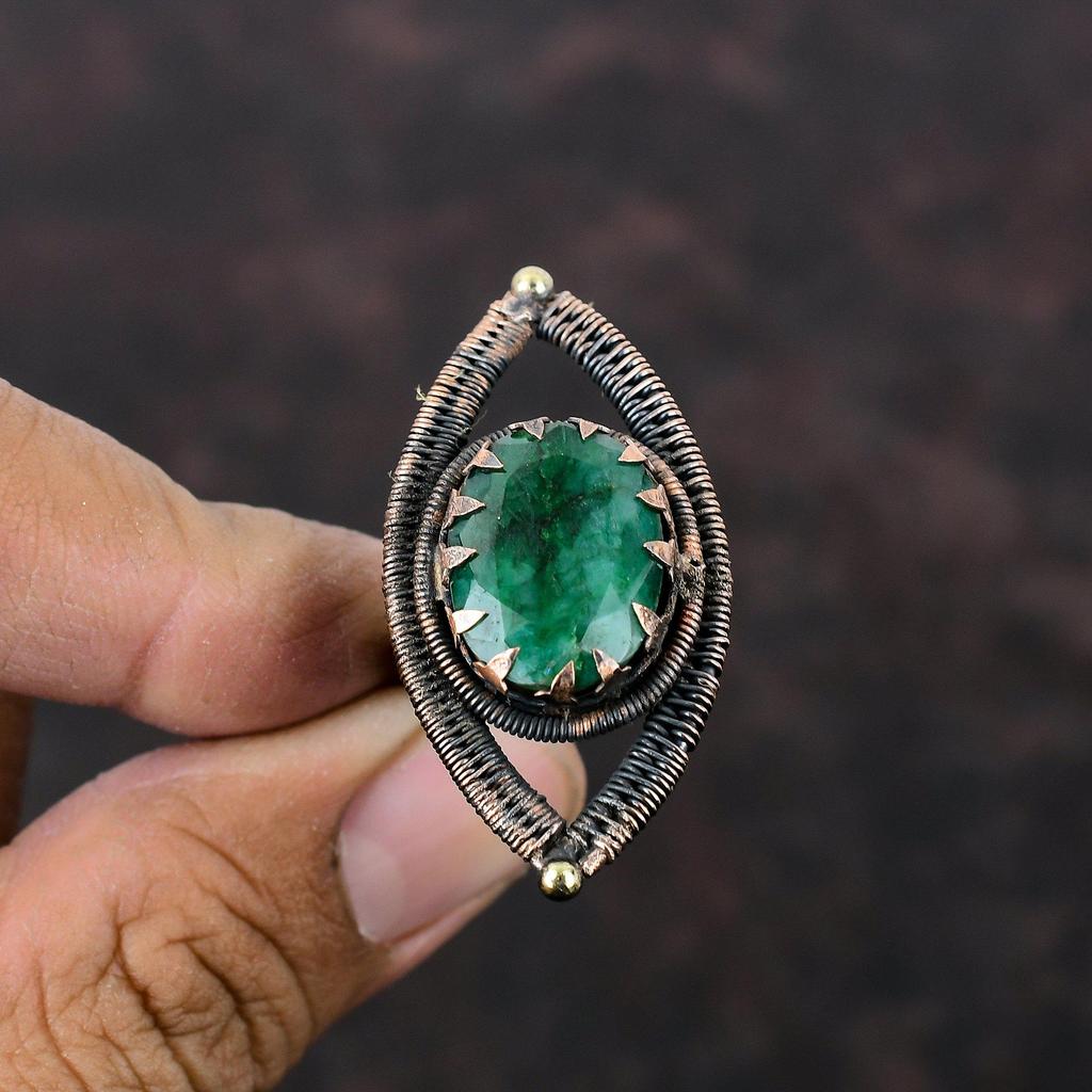 Кольцо с граненым замбийским изумрудом, кольцо из медной проволоки, регулируемое кольцо, ювелирные изделия ручной работы, оригинальное кольцо с драгоценным камнем, медные украшения, подарок на помолвку