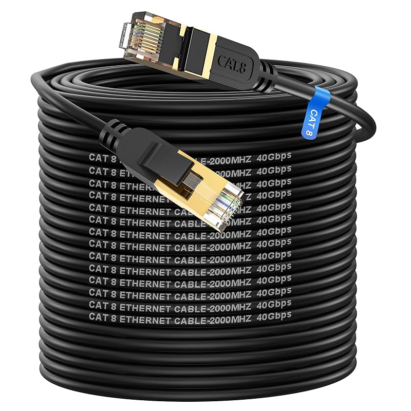 Cat 8 Ethernet Cable, 6FT High Speed Heavy Duty 26AWG Cat8 LAN Network Cable 40Gbps, 2000Mhz with Gold Plated RJ45 Connector, Outdoor&Indoor Internet