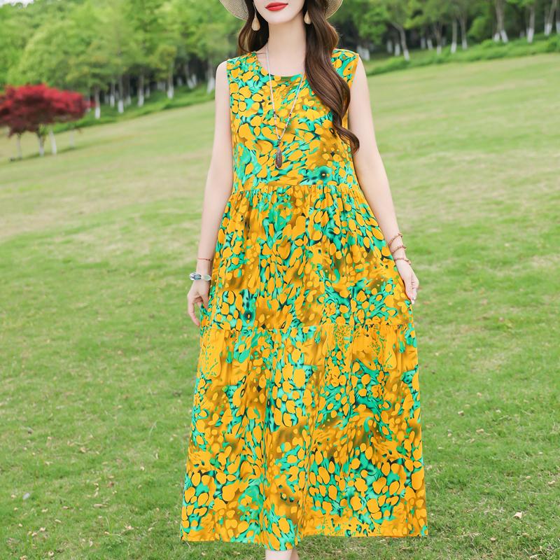 Элегантное женское платье без рукавов больших размеров с коротким рукавом и винтажным принтом, длинное платье, летняя повседневная женская одежда среднего возраста