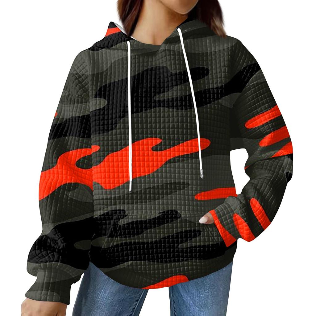Women's Fashionable Loose Fitting Hooded Pullover, Long Sleeved Sportswear, Camouflage Printed Top, Daily Hoodie
