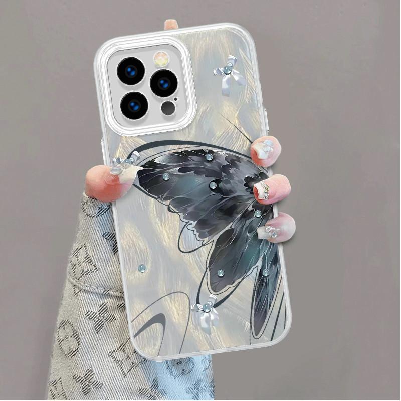 Upgraded Glitter Silver Case Painted Butterfly Printed Protective Shell Shockproof Full Back Cover for iPhone Samsung
