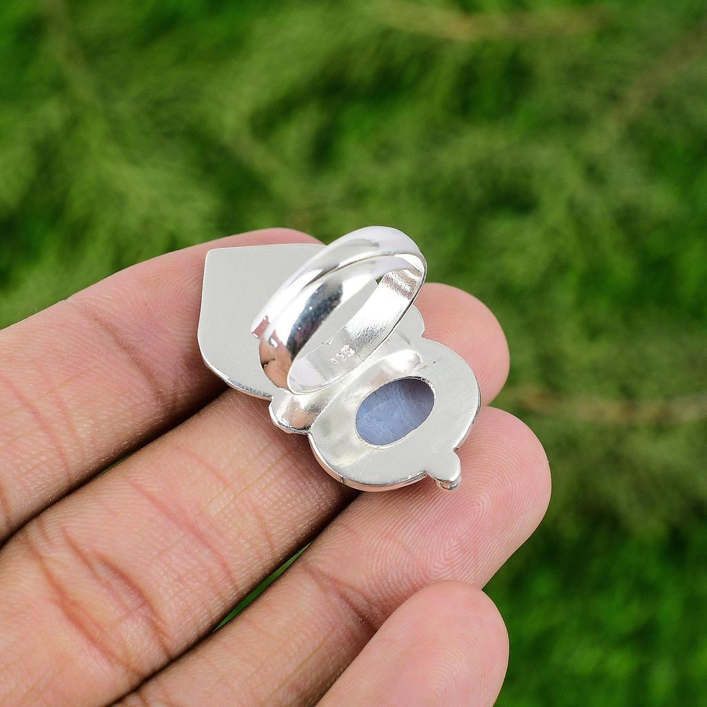 Natural Blue Lace Agate Promise Bird Adjustable Ring 925 Silver For Girls