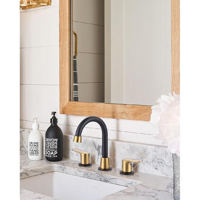 2 Handle 3 Holes Widespread Bathroom Faucet, Bathroom Sink Faucet with Copper Pop Up Drain, Black & Gold Lavatory Faucet Swivel Spout with Drain