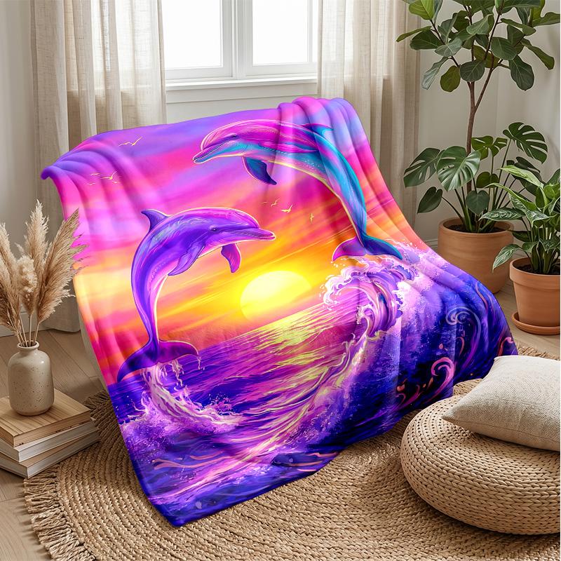 Dolphins Leaping at Sunset 1 Theme blanket Lightweight Warm Flannel Blanket Decorative Throw Blanket for Home Decoration