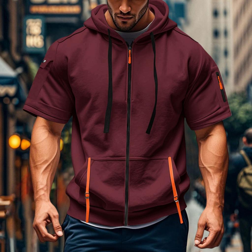 Men's Casual Short-sleeved Sweatshirt. Loose And Breathable Solid-color Sweatshirt Jacket With Multiple Pockets And A Zipper.