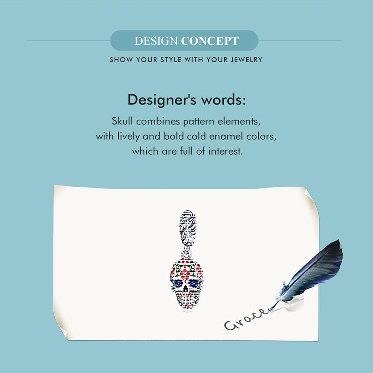 WOSTU Authentic 925 Sterling Silver Colorful Enamel Skull Charms Pendant for Women Fine Jewelry