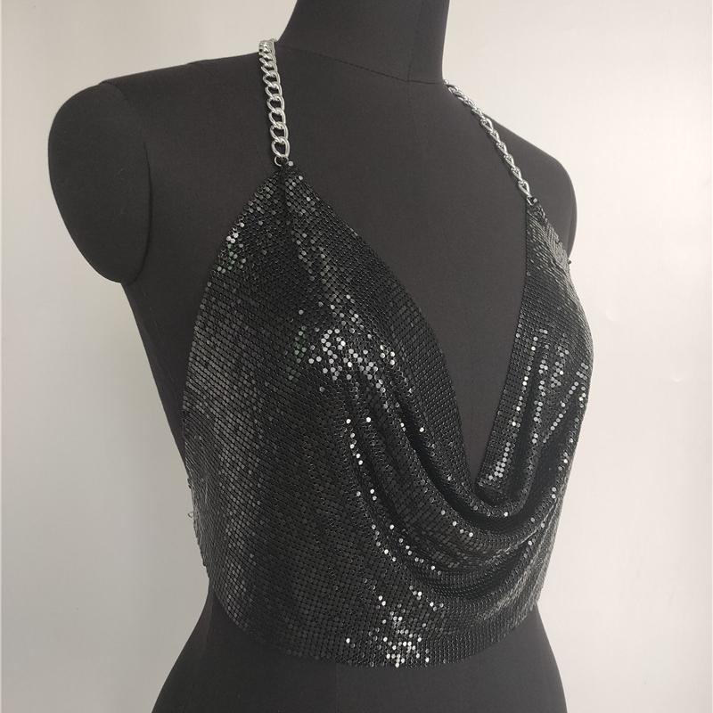 Shining Sequins, Bright Diamonds, Nightclub Style, Sexy, Metal Chain, Neck Hanging V-neck, Backless Top, Tank Top, Sexy Look