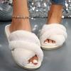 Fashion Pearl Crystal Decor Fluffy Slippers for Women Winter Plush Cross Strap Warm House Slippers Woman Open Toe Comfy Faux Fur Slides