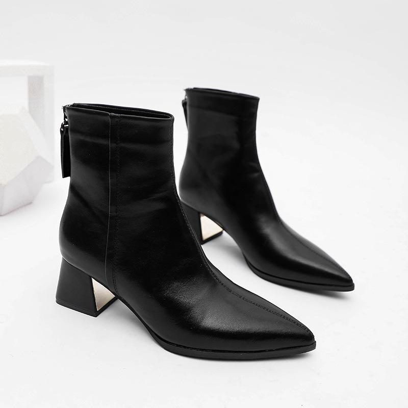 2024 короткие сапоги на высоком каблуке для женщин осень-зима новые женские сапоги на толстом каблуке с застежкой-молнией сзади корейская версия короткие коричневые сапоги с острым носком для чи