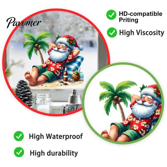 Outdoor Balcony Glass Stickers Tropical Beach Santa Claus Static Window Sticker, Waterproof PVC Decal, Seaside Sunproof Holiday Clings for Door