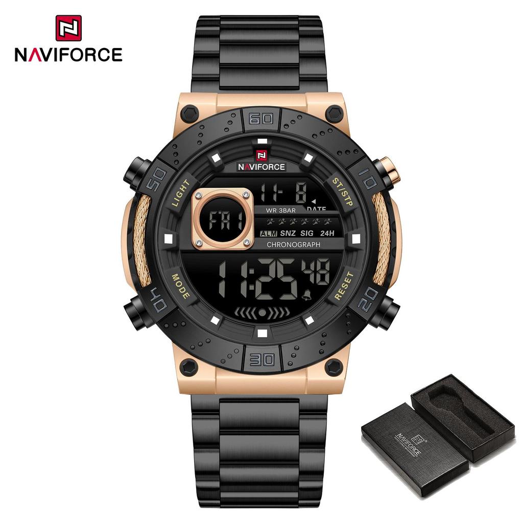 Naviforce ЖК-цифровые часы для мужчин с датой, хронографом, будильником, ремешком из нержавеющей стали, водонепроницаемые, ночной режим, многофункциональные мужские часы NF9241S