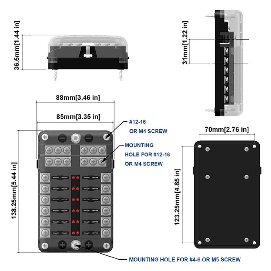 Automotive Boat 12-Way Blade Fuse Box Block Holder Red LED Indicator DC32V 100A